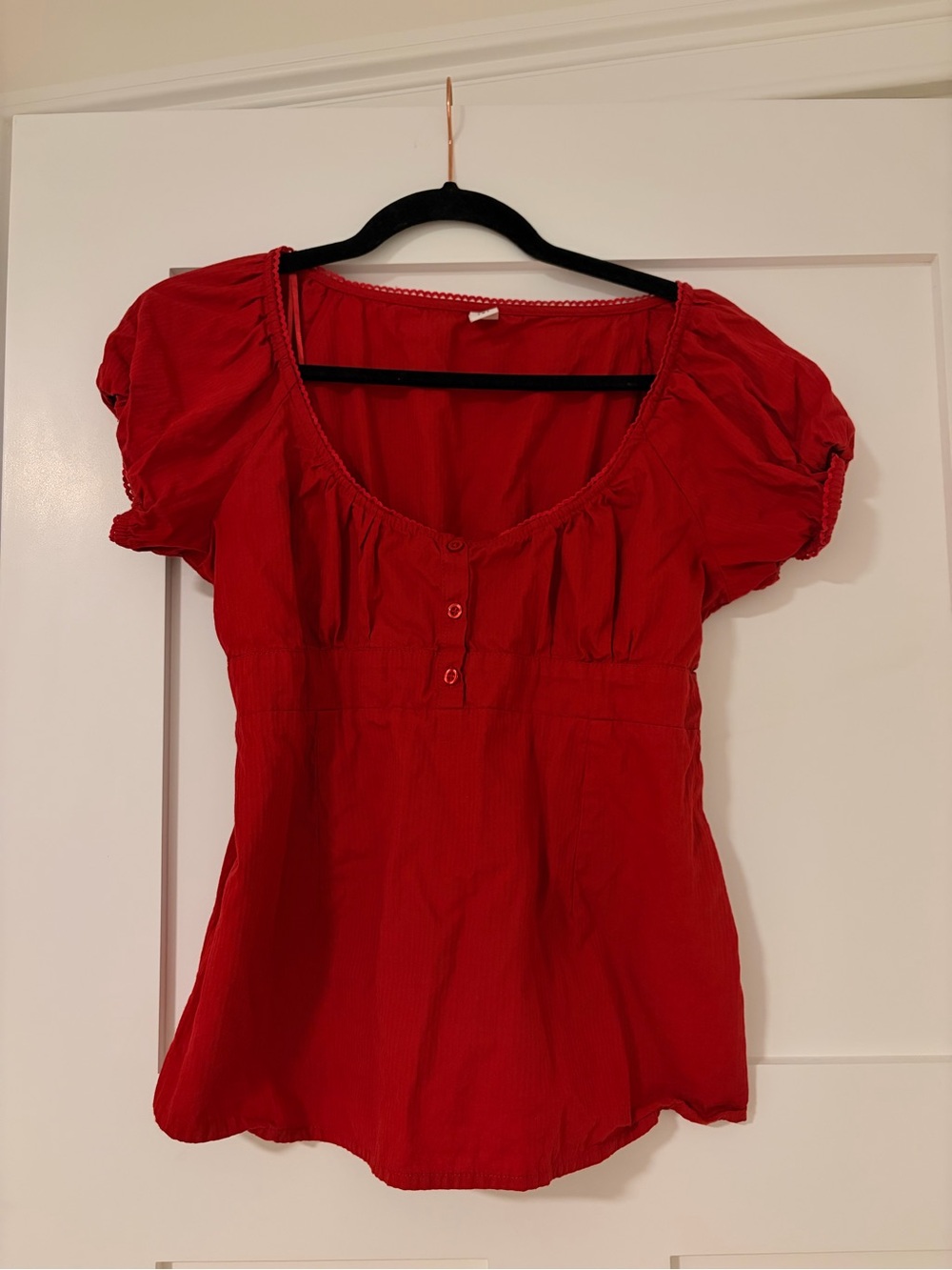 Simons Red Scoop-Neck Puff Sleeve Blouse
